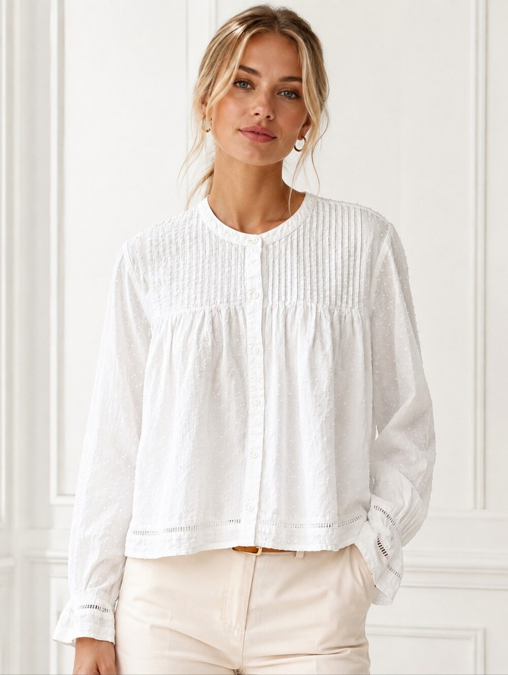 Old Navy White Pintuck Lace Button Front Blouse XL Cottagecore Boho